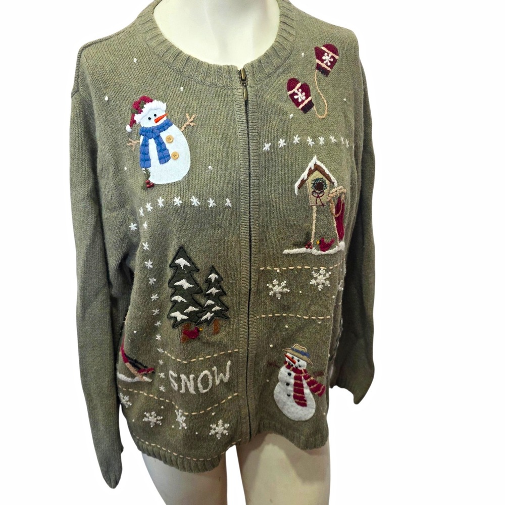 Croft & Barrow Snowman Christmas Cardigan Sweater Wool Angora Zip Grandmacore